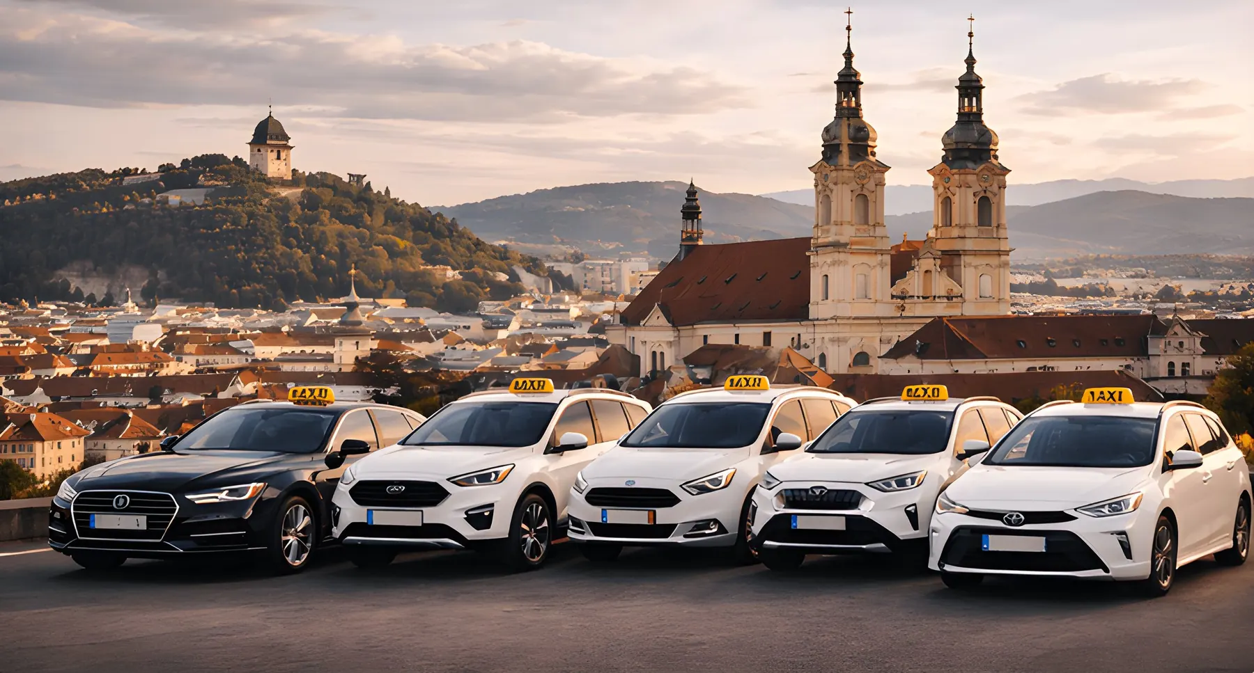 Fleet of Taxi Steiermark Graz: Audi A8, Ford Galaxy, Ford Kuga and Toyota in front of the old town of Graz
